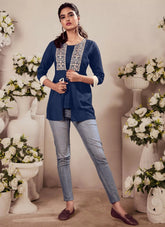 Blue Heavy Reyon Embroidered Office wear Tunic Tops